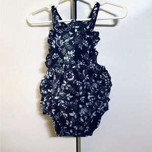 Janie & Jack | Floral Ruffle Navy Baby Romper 6-12m